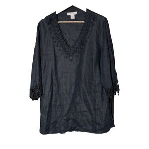 Lucy & Laurel 100% Linen Blouse, Black 1X, Embroidered Lace Details Fairy